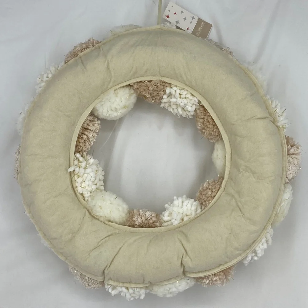 Holiday Lane Round Pompom Wreath Ivory Beige Gold Tones Christmas Winter